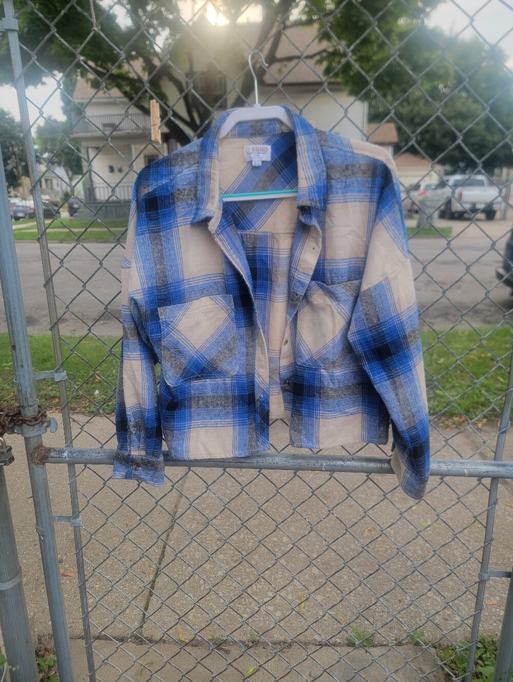 Ci Sono Blue Tan Plaid Cropped Flannel Shacket XL